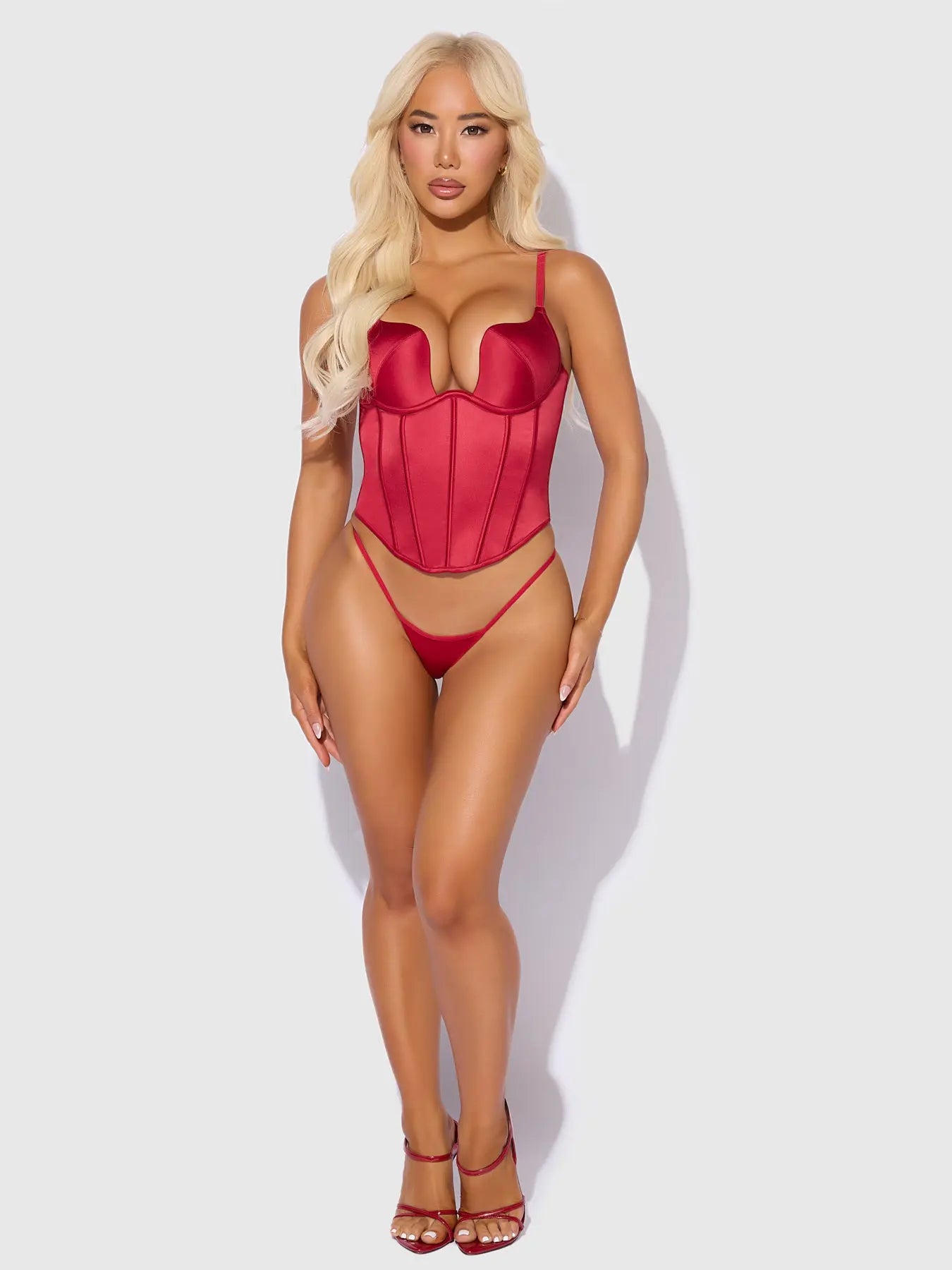 BRIGETA SATIN PLUNGE PUSH UP BUSTIER & G-STRING SET