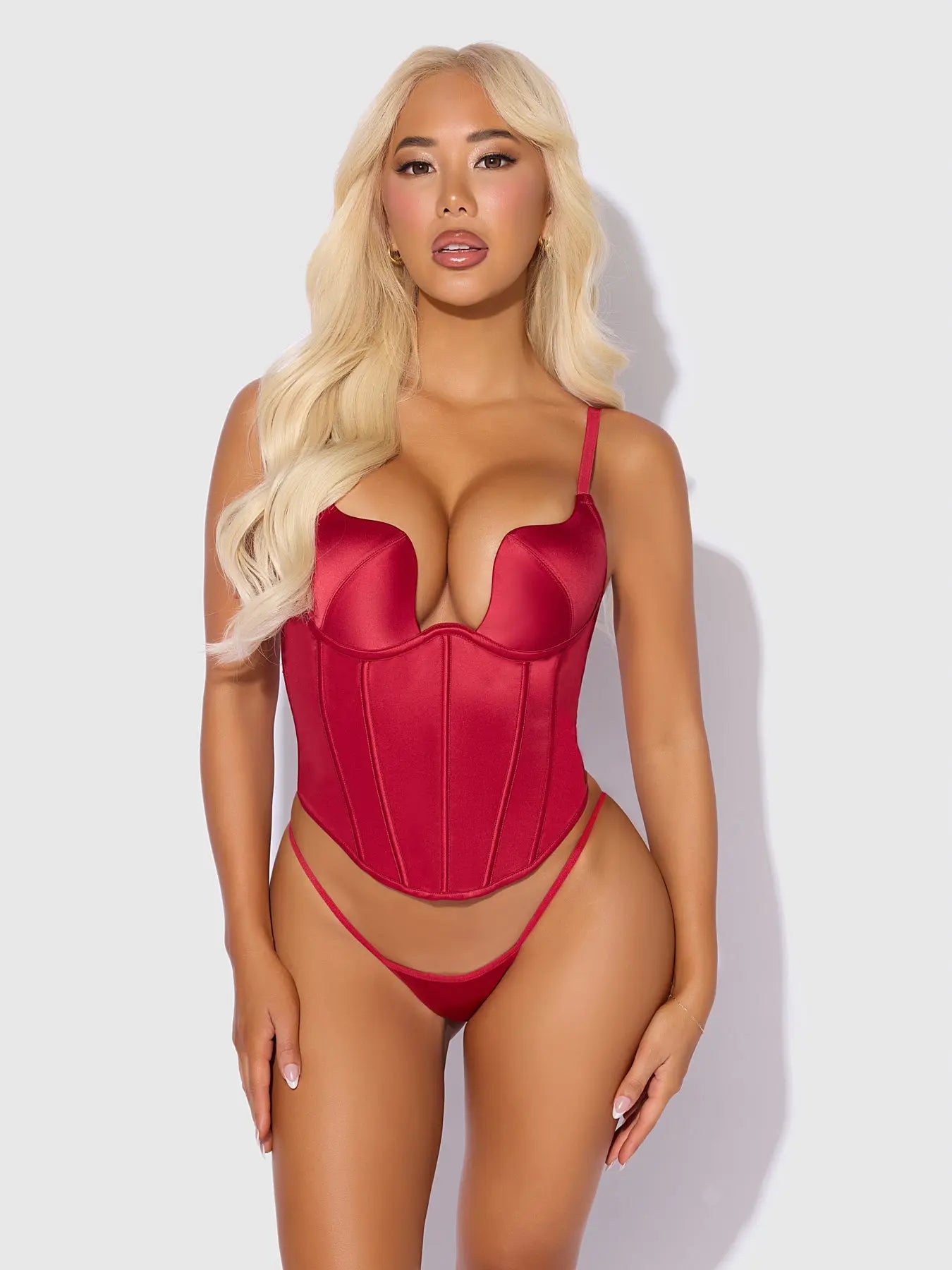 BRIGETA SATIN PLUNGE PUSH UP BUSTIER & G-STRING SET