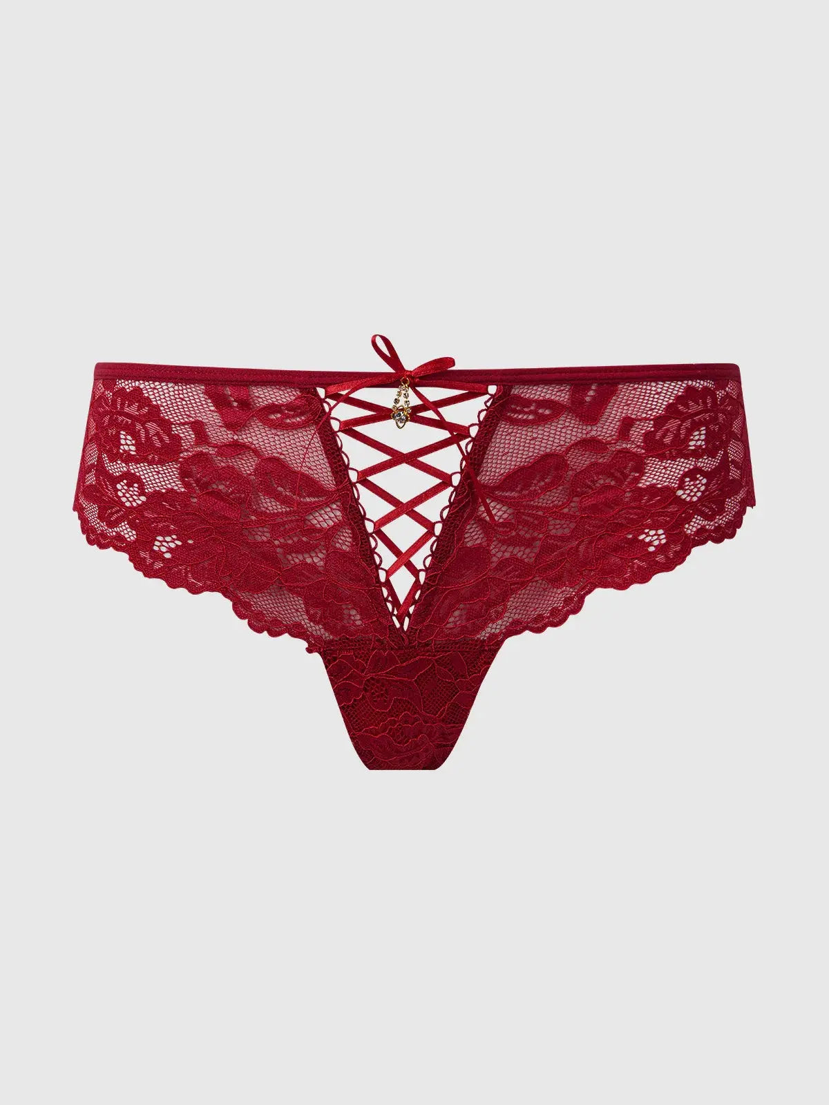 BELLA LACE UP FRONT LACE TANGA IN BLACK & RED