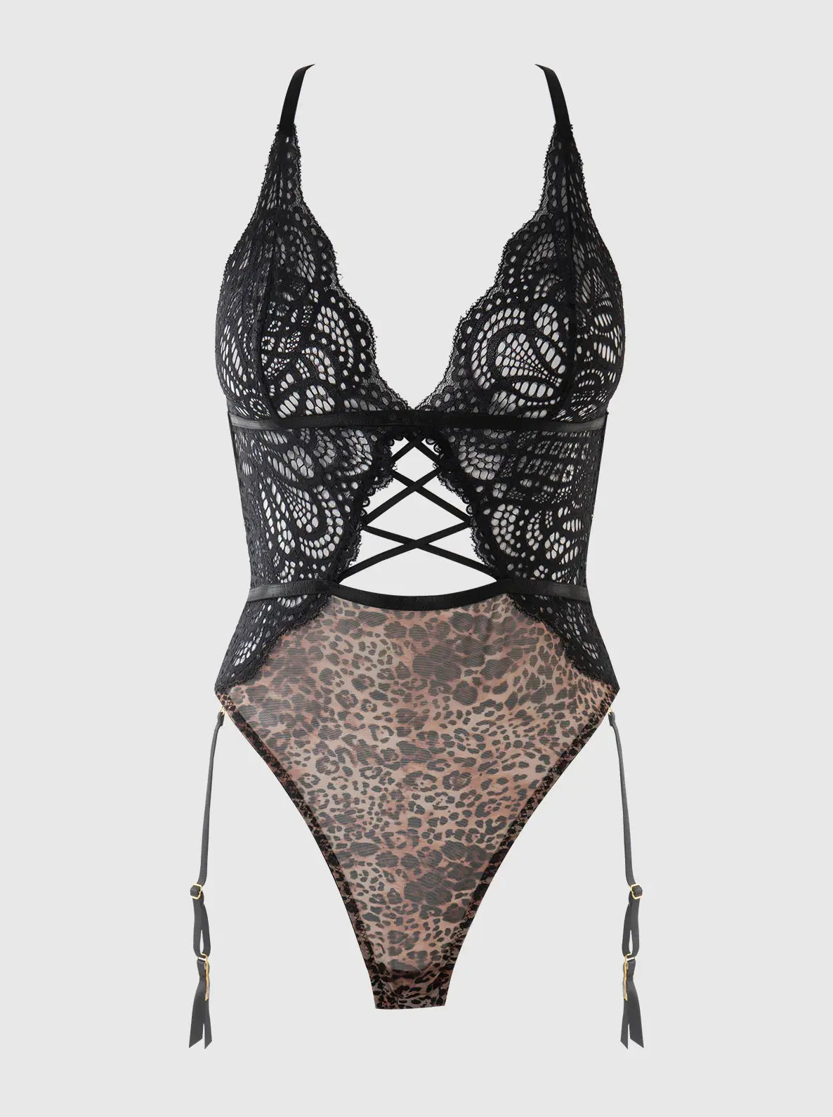 FELICIA LEOPARD MESH & LACE GARTERED TEDDY