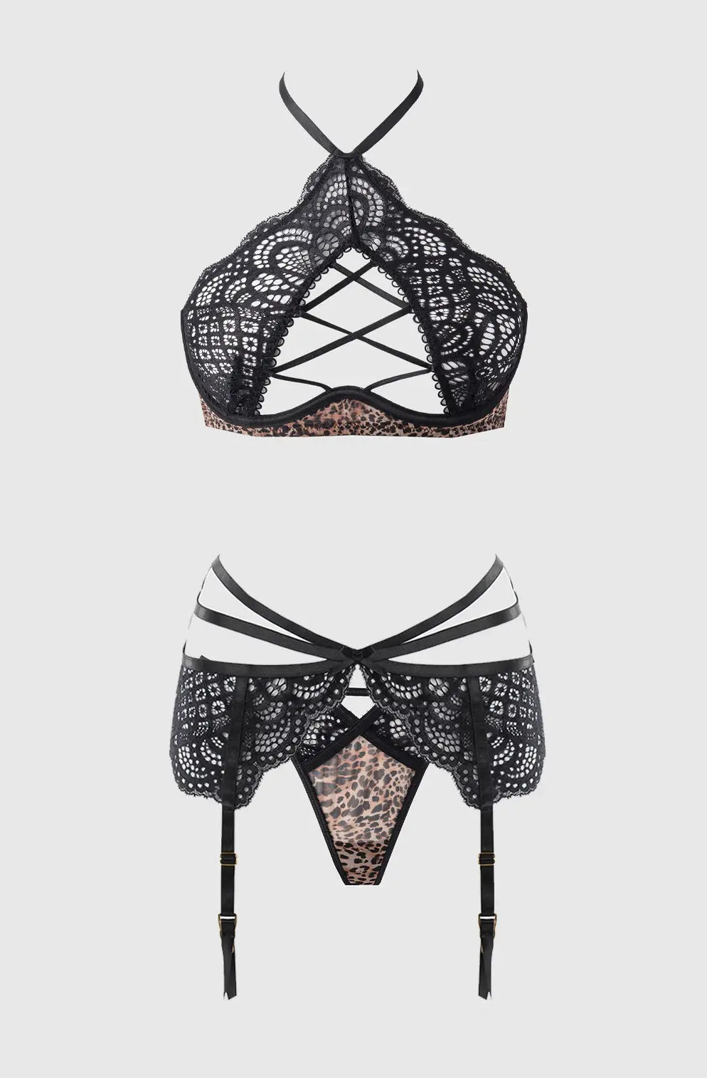 FELICIA LEOPARD MESH & LACE BRA, GARTER & G-STRING SET